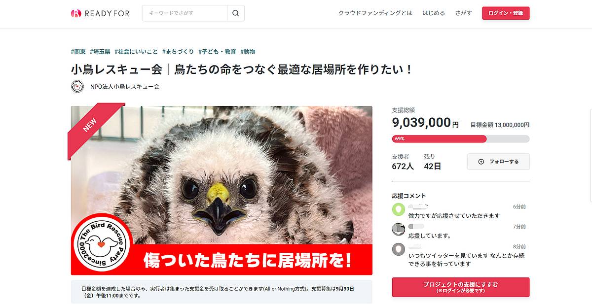 NPO法人・小鳥レスキュー会のクラウドファンディングは2022年8月17日にスタートし、開始3日目で900万円を突破