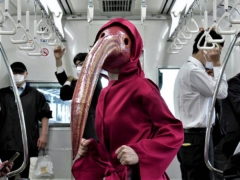 Bird Womanの主人公が鳥類のトキのマスクをかぶった電車内での登場写真